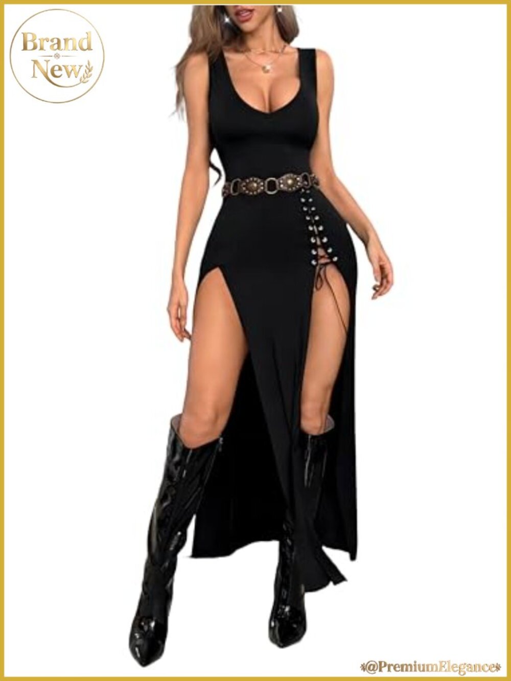 High Slit Sleeveless V Neck Lace Up Bodycon Maxi Club Party Dress